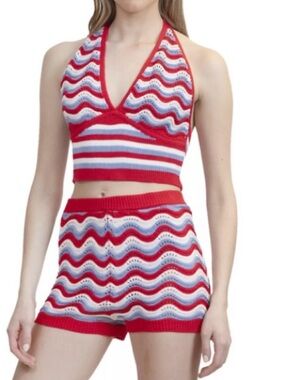 Madden Girl- Wave Striped  Crochet Halter Top and Matching Shorts Set, SIZE: S.